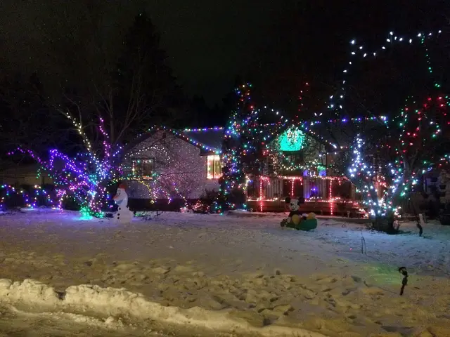Christmas lights on a house at night